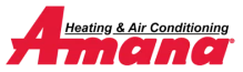 Logo of Amana with text "Heating & Air Conditioning." The brand name "Amana" is prominent in red.