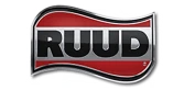 The image shows the RUUD logo featuring bold white letters on a red and black wavy background.
