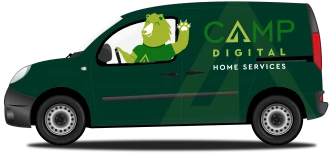 Green van with "Camp Digital Home Services" logo, featuring a bear waving from the driver's seat.